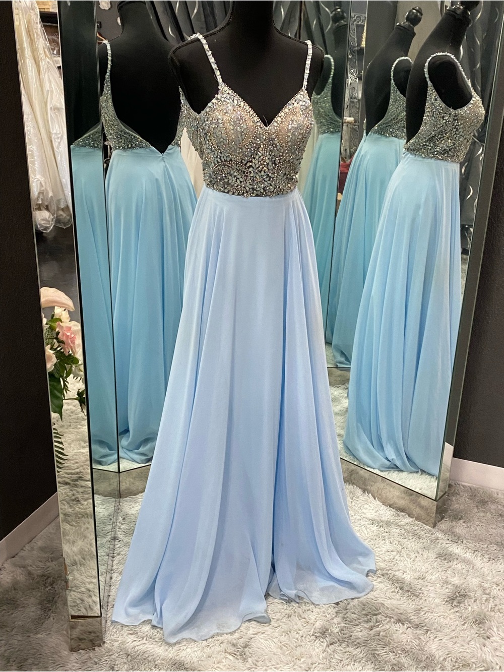 JVN Jovani Embellished Spaghetti Strap Evening Gown in Light Blue